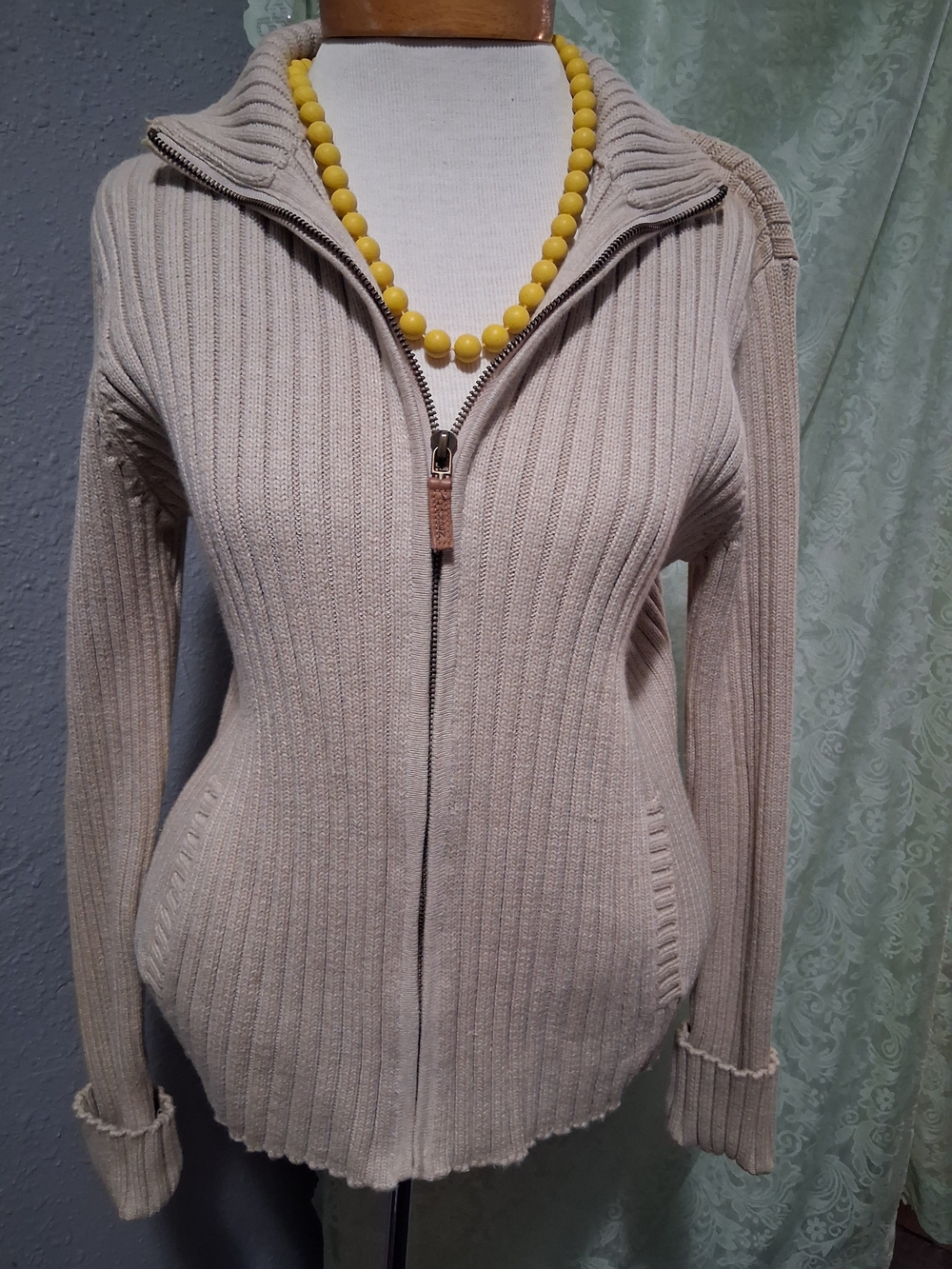 Lauren Ralph Lauren Ribbed Zip-Front Sweater Cardigan in Tan
